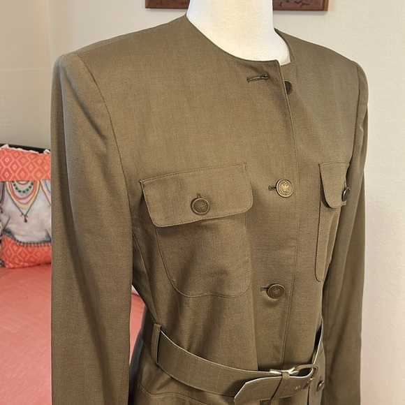 Jones New York Collarless Belted Blazer Jacket Army Green Military size 12 - Picture 2 of 16